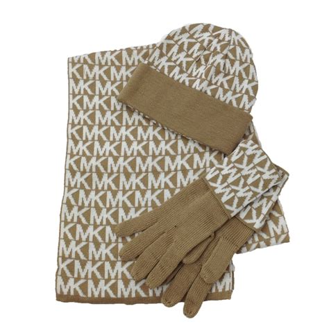 michael kors logo knit gloves camel|Michael Kors MK Repeat Logo Knit Scarf Hat & Gloves 3pc Set in .